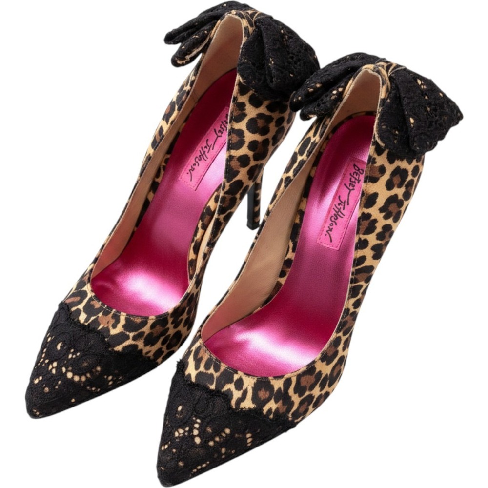 Betsey Johnson Leopard Print Lace Bow‎ Pointed Toe Pumps Stiletto Heels Brown 8M